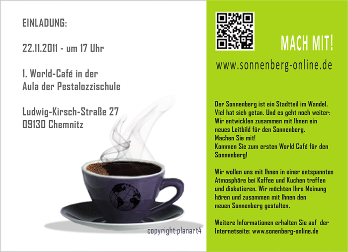 Postkarte: Einladung zum 1. World Cafe auf dem Sonnenberg, Entwurf: planart4
