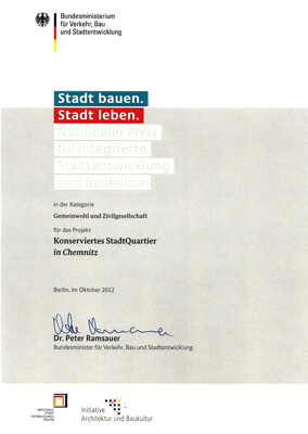 Urkunde: Nationaler Preis für integrierte Stadtenwicklung und Baukultur, Stadthalten-Chemnitz e.V. , 2012